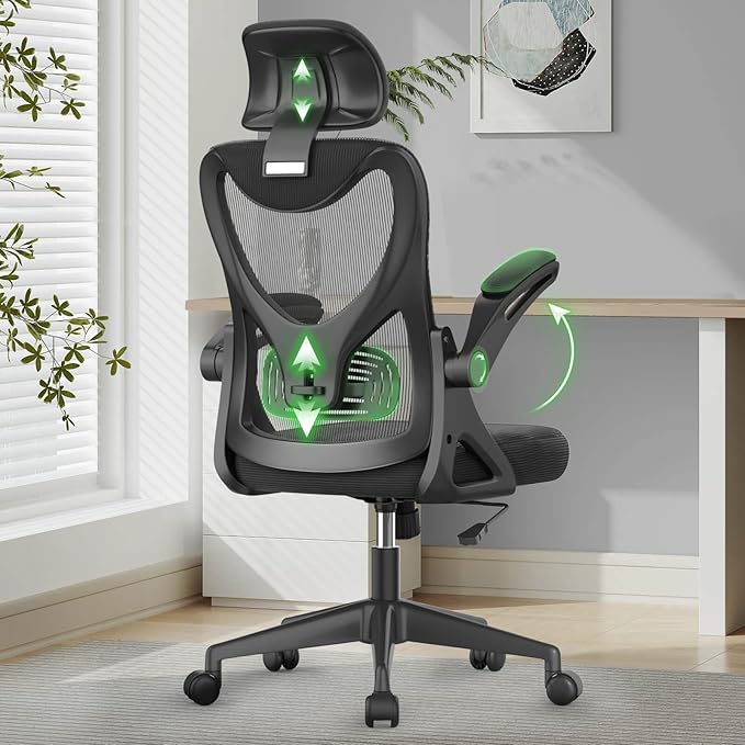 Ergonomic High-Back Office Chair with Adjustable Headrest & Lumbar Support – Padded Seat, Flip-Up Armrests, Comfortable Desk Chair