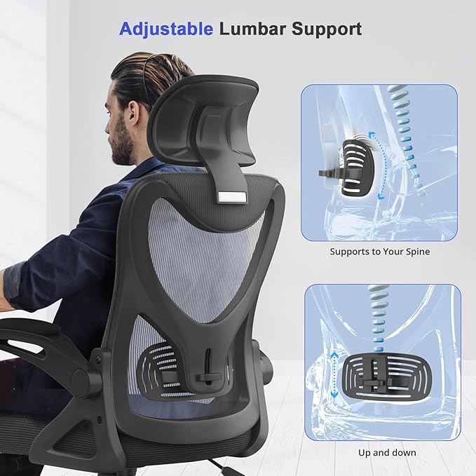 Ergonomic High-Back Office Chair with Adjustable Headrest & Lumbar Support – Padded Seat, Flip-Up Armrests, Comfortable Desk Chair