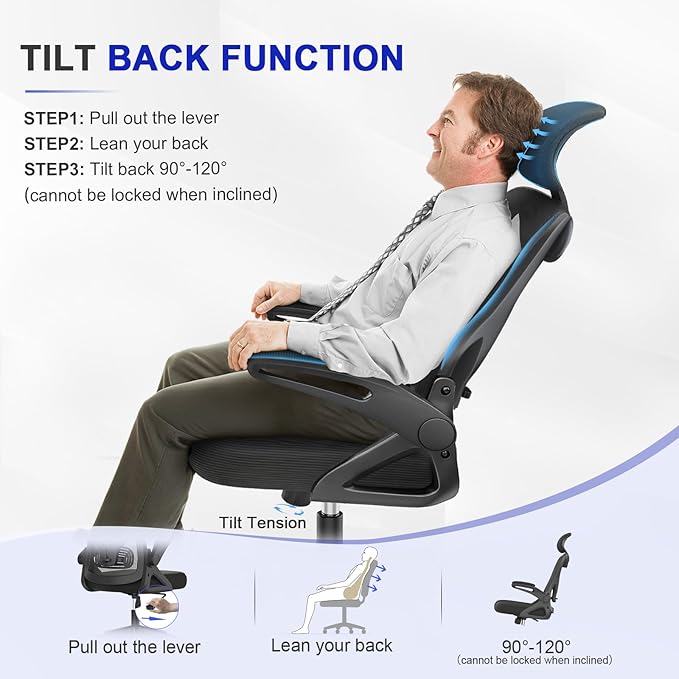 Ergonomic High-Back Office Chair with Adjustable Headrest & Lumbar Support – Padded Seat, Flip-Up Armrests, Comfortable Desk Chair