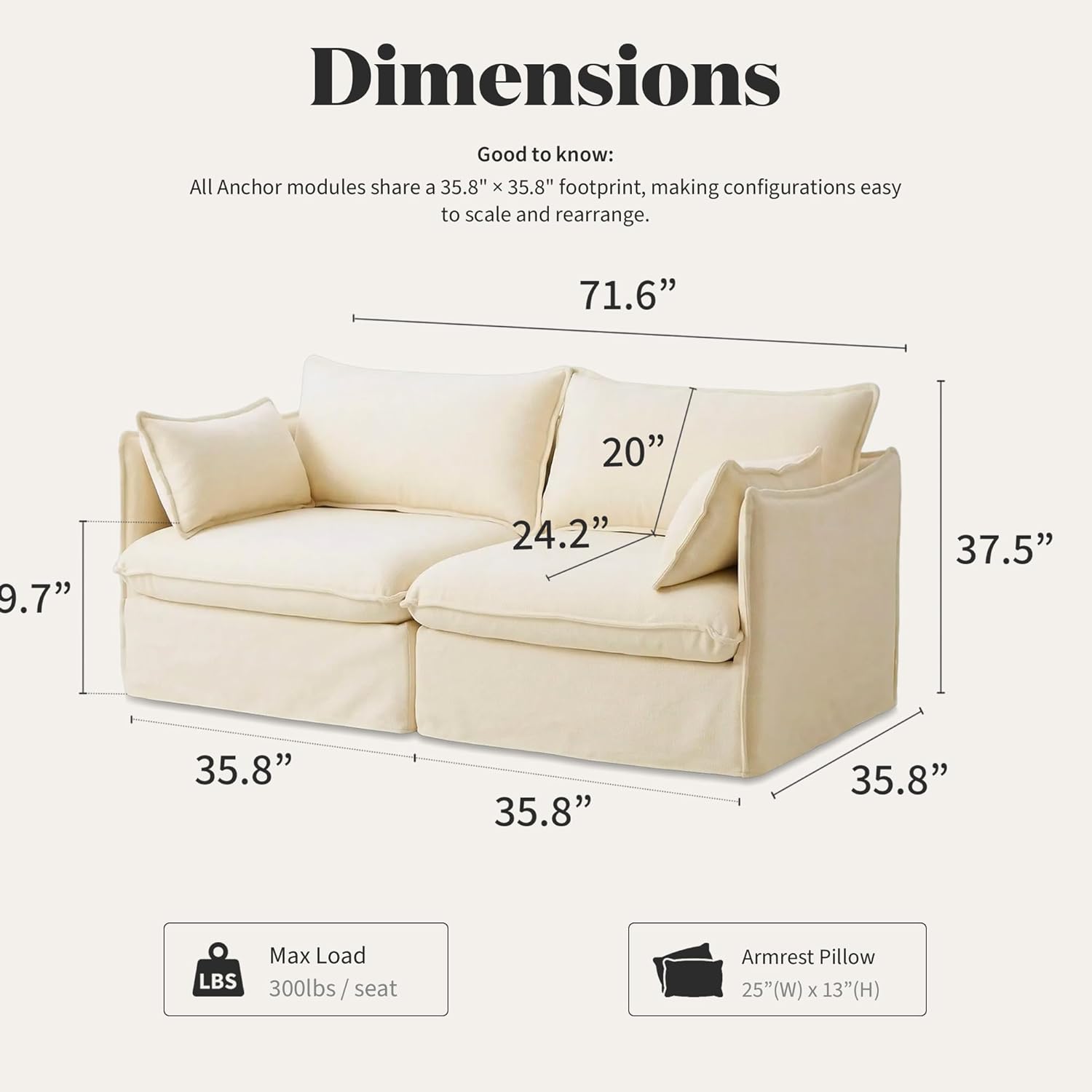 Oversized Modular Cloud Sofa with Deep Memory Foam Seating & Removable Washable Covers – Oat Chenille