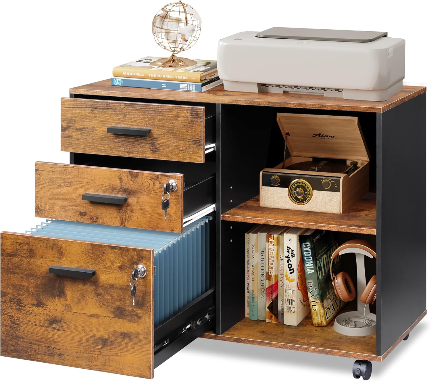 Lockable Mobile File Cabinet with Drawers & Open Shelf – Wooden Printer Stand for A4/Letter Files, Home Office Storage Unit, Rustic Brown