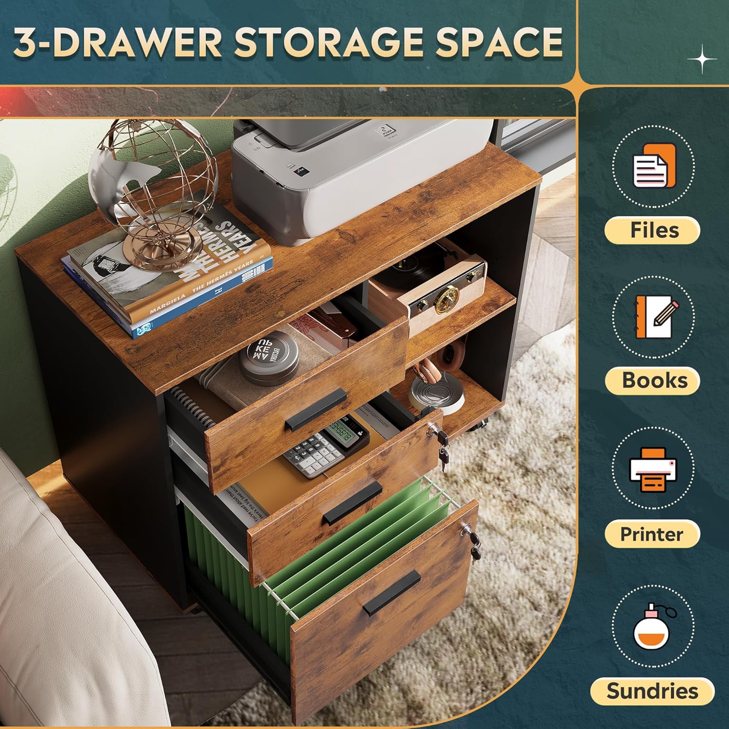 Lockable Mobile File Cabinet with Drawers & Open Shelf – Wooden Printer Stand for A4/Letter Files, Home Office Storage Unit, Rustic Brown