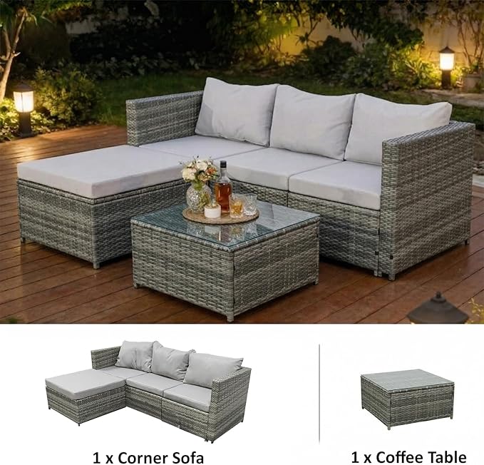 4-Seater Outdoor Rattan Corner Sofa Set – All-Weather Patio Lounge Furniture with Glass Coffee Table, Grey Wicker Weave & Cushions