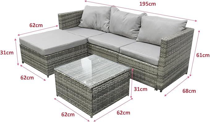4-Seater Outdoor Rattan Corner Sofa Set – All-Weather Patio Lounge Furniture with Glass Coffee Table, Grey Wicker Weave & Cushions