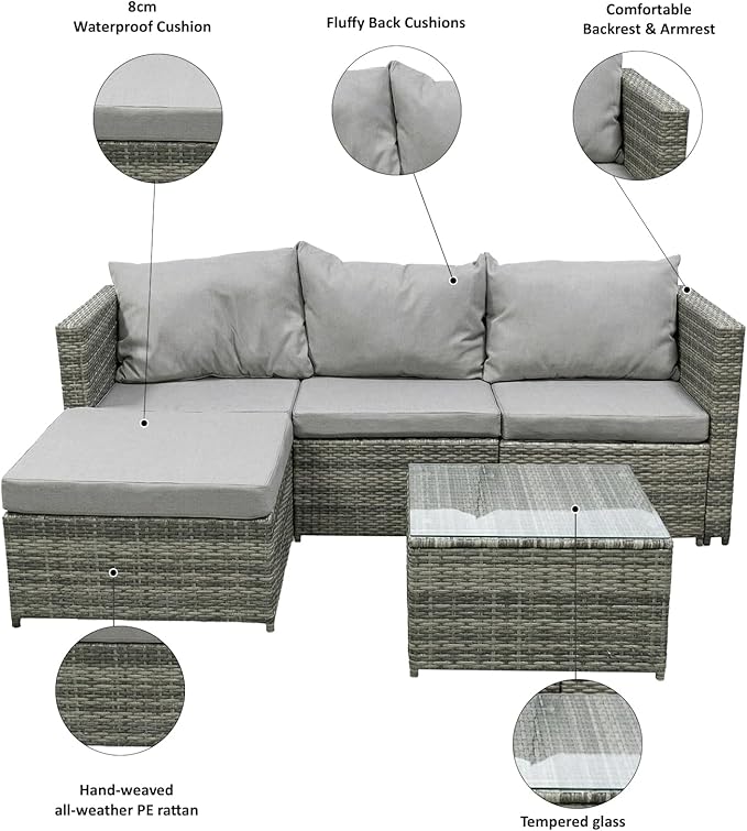 4-Seater Outdoor Rattan Corner Sofa Set – All-Weather Patio Lounge Furniture with Glass Coffee Table, Grey Wicker Weave & Cushions