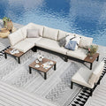 6-Seater U-Shaped Metal Garden Sofa Set – Outdoor Patio Sectional Conversation Furniture with Thick Cushions, 6-Piece Beige Lounge Set