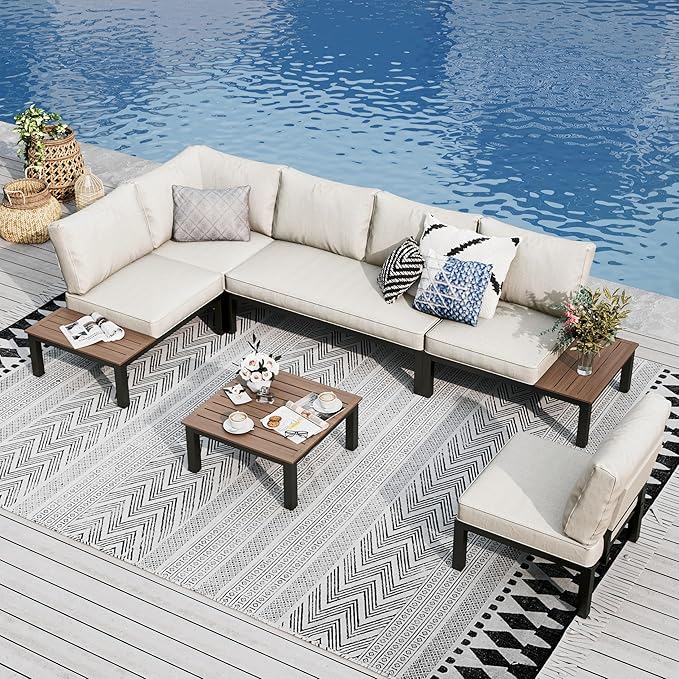 6-Seater U-Shaped Metal Garden Sofa Set – Outdoor Patio Sectional Conversation Furniture with Thick Cushions, 6-Piece Beige Lounge Set