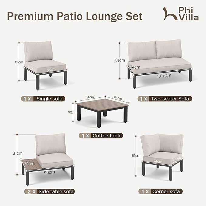 6-Seater U-Shaped Metal Garden Sofa Set – Outdoor Patio Sectional Conversation Furniture with Thick Cushions, 6-Piece Beige Lounge Set