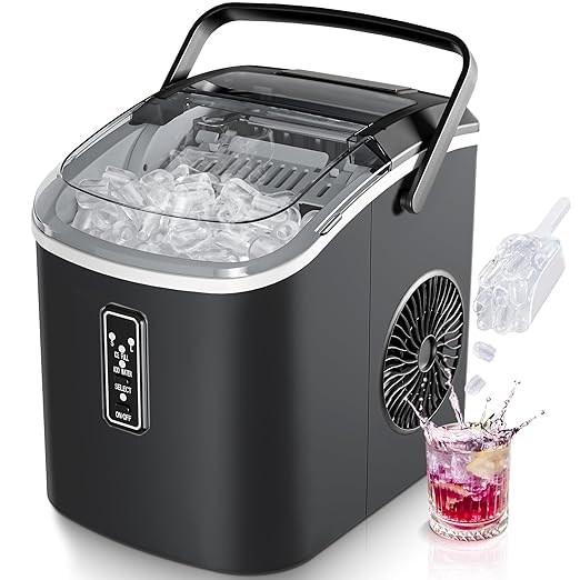 Portable Ice Maker Machine – Produces 9 Ice Cubes in 6 Minutes, 2 Cube Sizes, 12kg Daily Capacity with Handle, Basket & Scoop for Home and Kitchen