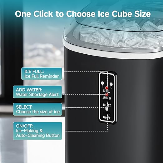 Portable Ice Maker Machine – Produces 9 Ice Cubes in 6 Minutes, 2 Cube Sizes, 12kg Daily Capacity with Handle, Basket & Scoop for Home and Kitchen