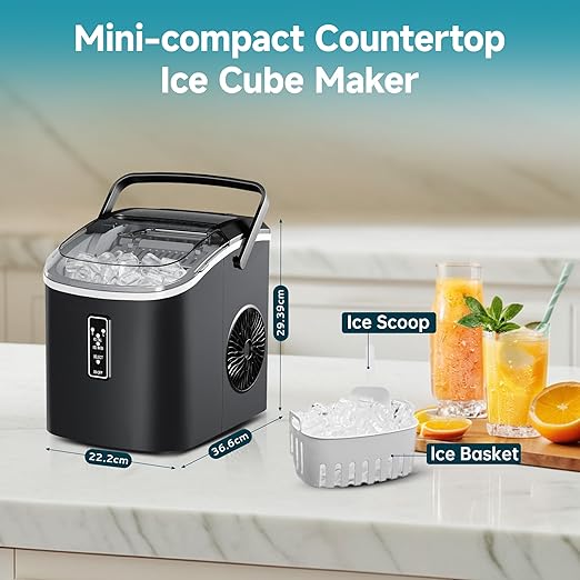 Portable Ice Maker Machine – Produces 9 Ice Cubes in 6 Minutes, 2 Cube Sizes, 12kg Daily Capacity with Handle, Basket & Scoop for Home and Kitchen