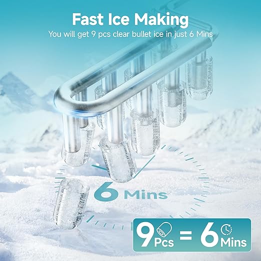 Portable Ice Maker Machine – Produces 9 Ice Cubes in 6 Minutes, 2 Cube Sizes, 12kg Daily Capacity with Handle, Basket & Scoop for Home and Kitchen