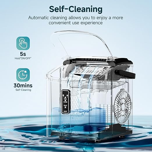 Portable Ice Maker Machine – Produces 9 Ice Cubes in 6 Minutes, 2 Cube Sizes, 12kg Daily Capacity with Handle, Basket & Scoop for Home and Kitchen