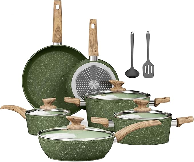 12-Piece Granite Non-Stick Cookware Set – Induction Compatible Pots and Pans Collection with Frying Pans, Saucepans & Green Finish
