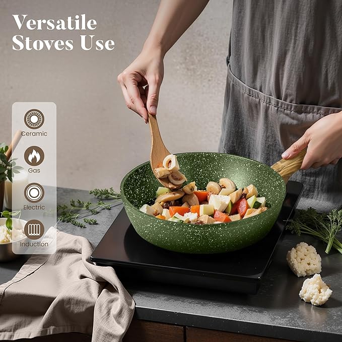 12-Piece Granite Non-Stick Cookware Set – Induction Compatible Pots and Pans Collection with Frying Pans, Saucepans & Green Finish