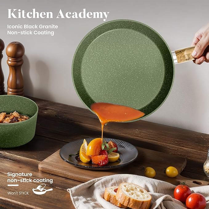 12-Piece Granite Non-Stick Cookware Set – Induction Compatible Pots and Pans Collection with Frying Pans, Saucepans & Green Finish