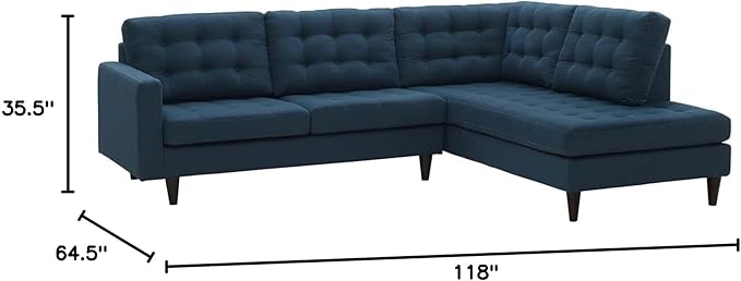 Empress Mid-Century Modern Right-Facing Sectional Sofa – Upholstered Fabric Couch in Azure Blue