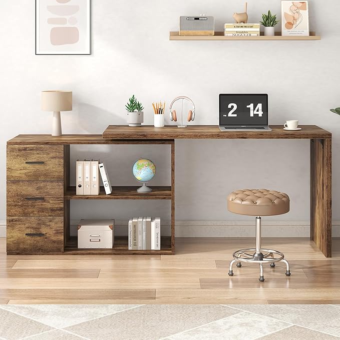 Reversible L-Shaped Home Office Desk with Drawers & Storage Cabinet – Executive Computer Workstation with Shelves for Study, Writing & Remote Work, Rustic Brown  Product Description