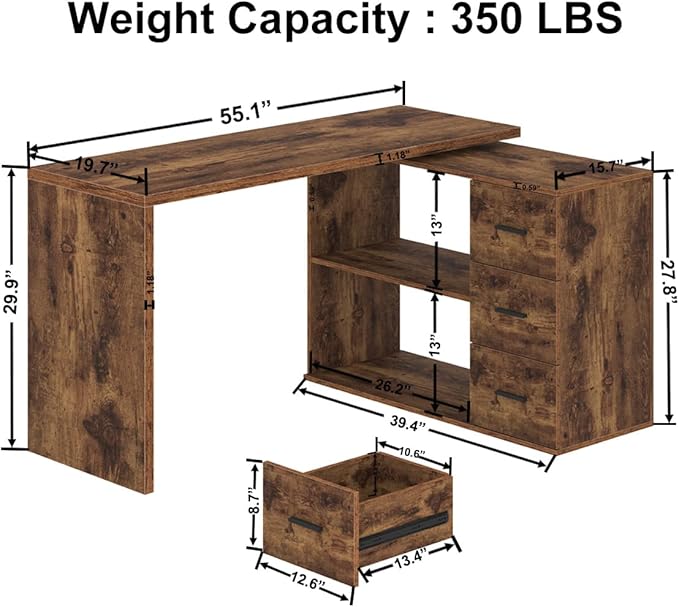 Reversible L-Shaped Home Office Desk with Drawers & Storage Cabinet – Executive Computer Workstation with Shelves for Study, Writing & Remote Work, Rustic Brown  Product Description
