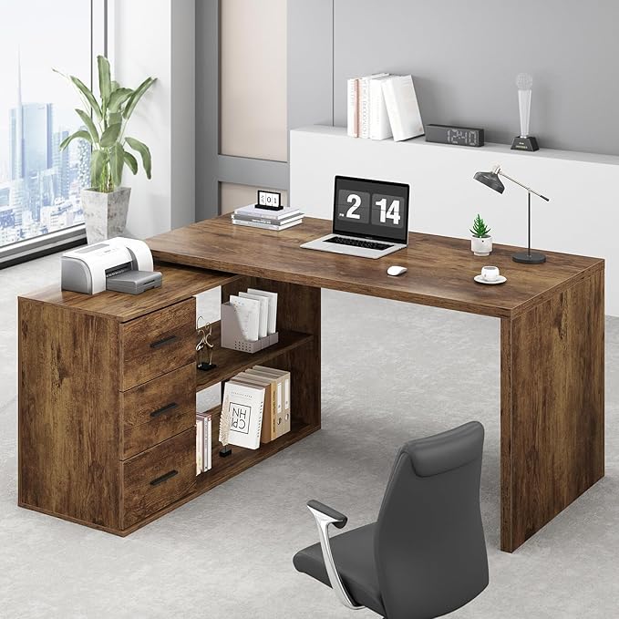 Reversible L-Shaped Home Office Desk with Drawers & Storage Cabinet – Executive Computer Workstation with Shelves for Study, Writing & Remote Work, Rustic Brown  Product Description