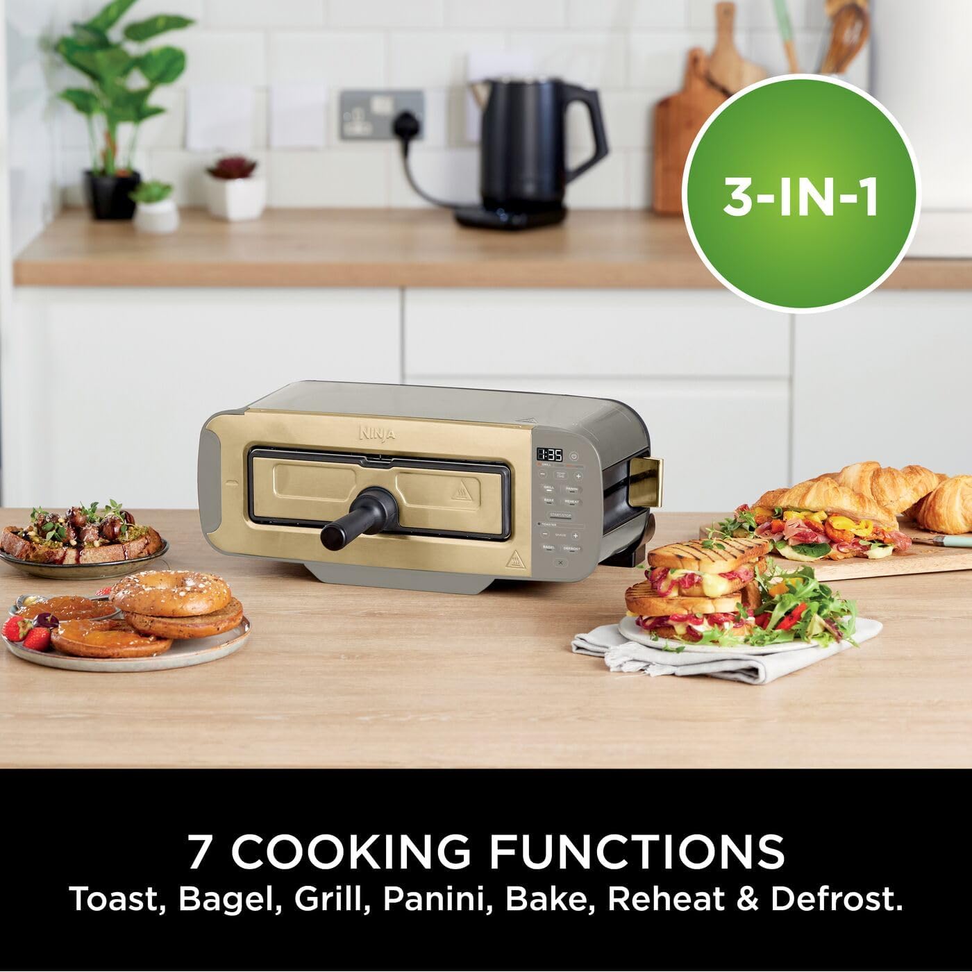 3-in-1 Toaster, Grill & Panini Press – Flip Design with 7 Cooking Functions, 7 Toast Settings, Bake Tray, Crumb Tray & Stone Gold Finish