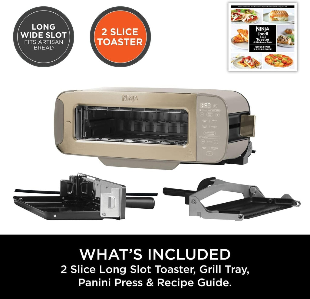 3-in-1 Toaster, Grill & Panini Press – Flip Design with 7 Cooking Functions, 7 Toast Settings, Bake Tray, Crumb Tray & Stone Gold Finish