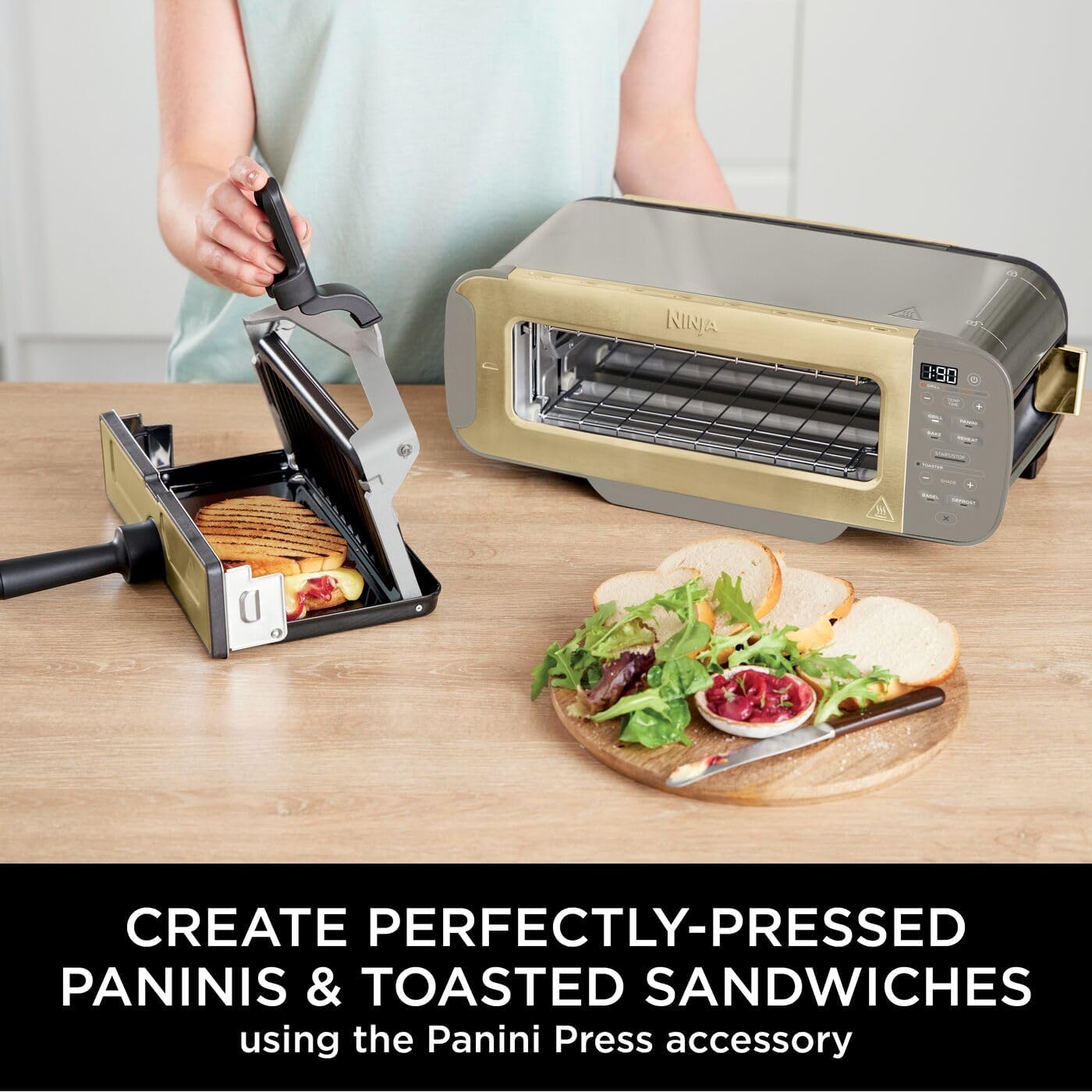 3-in-1 Toaster, Grill & Panini Press – Flip Design with 7 Cooking Functions, 7 Toast Settings, Bake Tray, Crumb Tray & Stone Gold Finish