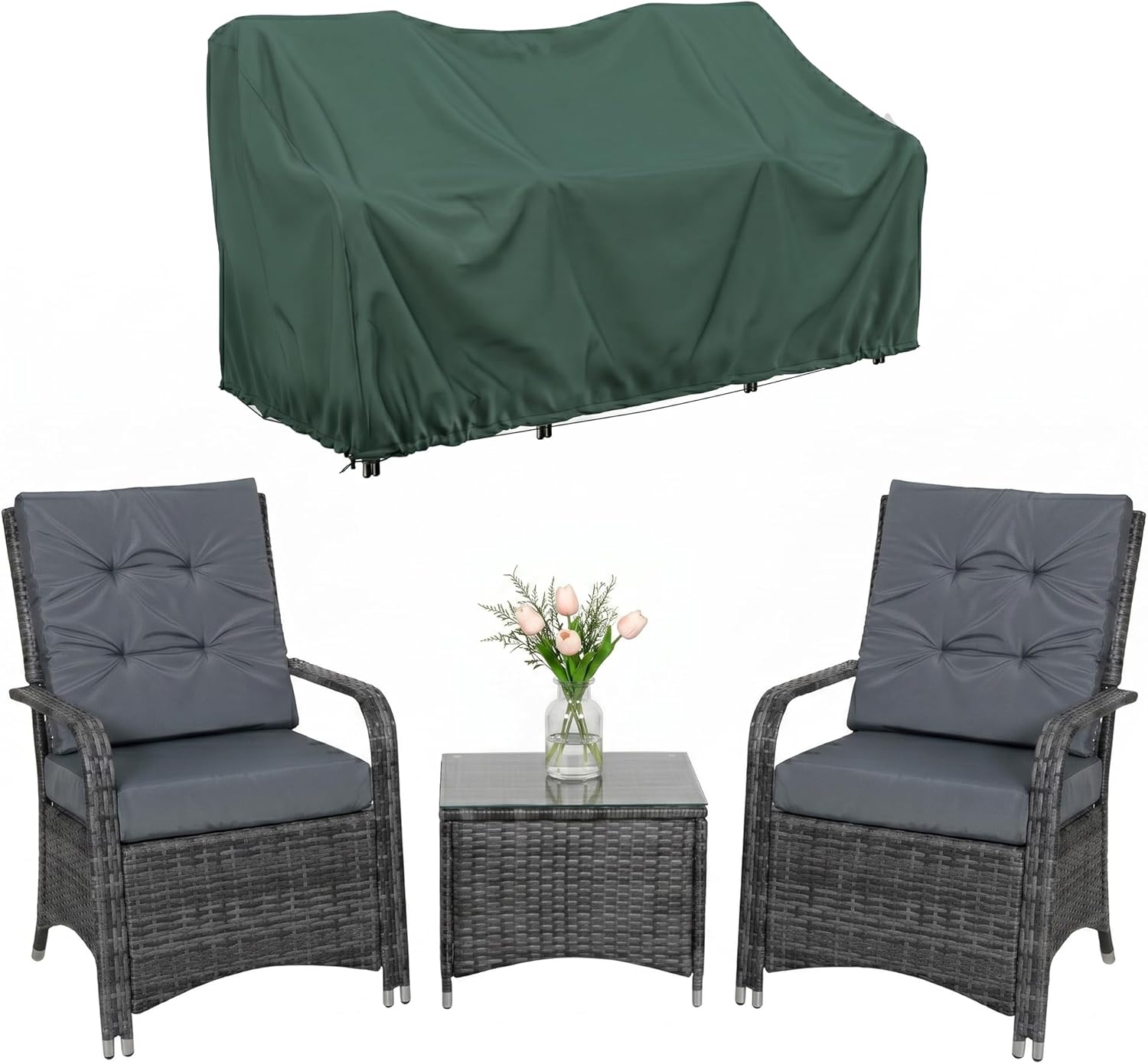 3-Piece Rattan Bistro Set with Protective Furniture Cover – Outdoor Wicker Patio Chairs, Glass-Top Coffee Table & Cushioned Seating, Grey