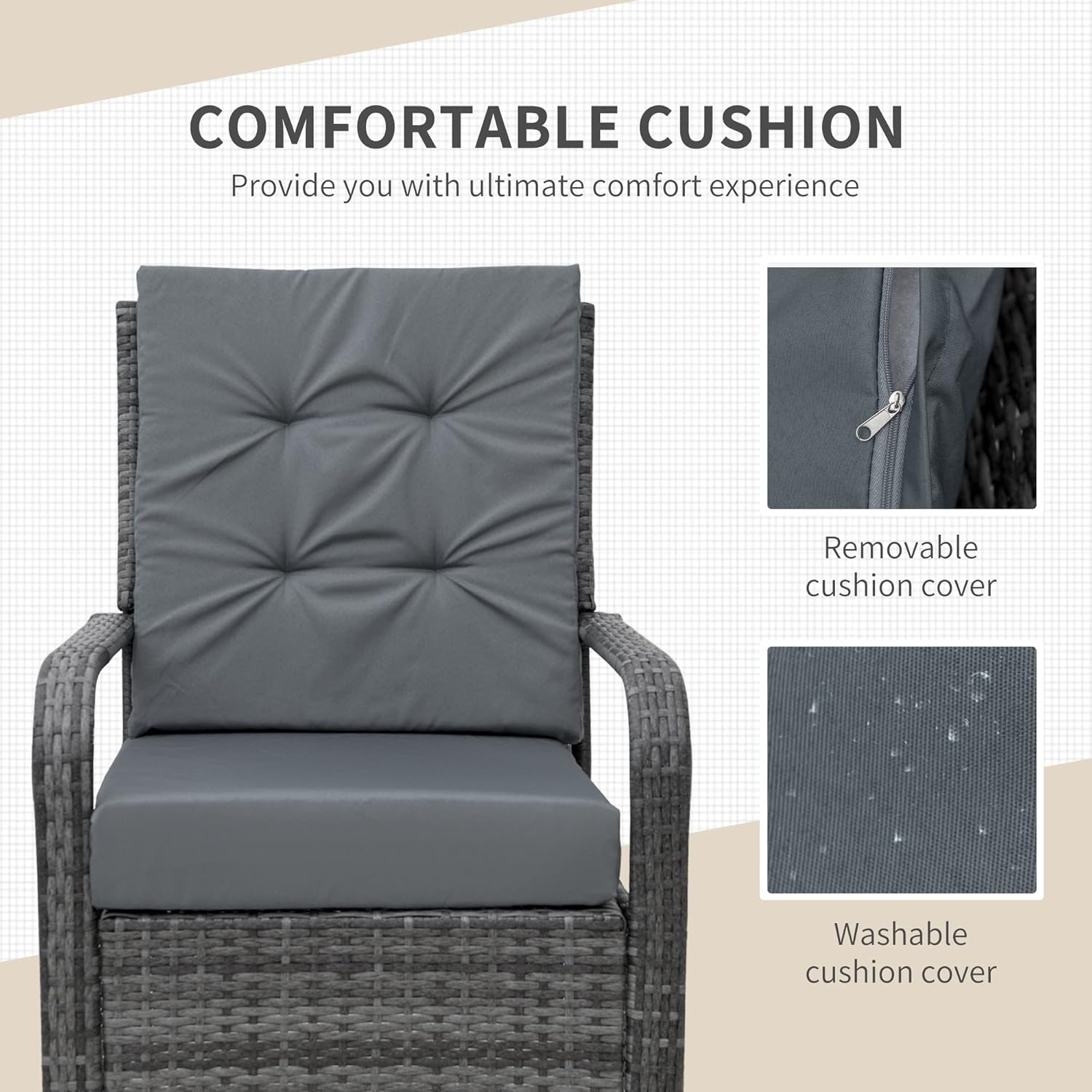 3-Piece Rattan Bistro Set with Protective Furniture Cover – Outdoor Wicker Patio Chairs, Glass-Top Coffee Table & Cushioned Seating, Grey