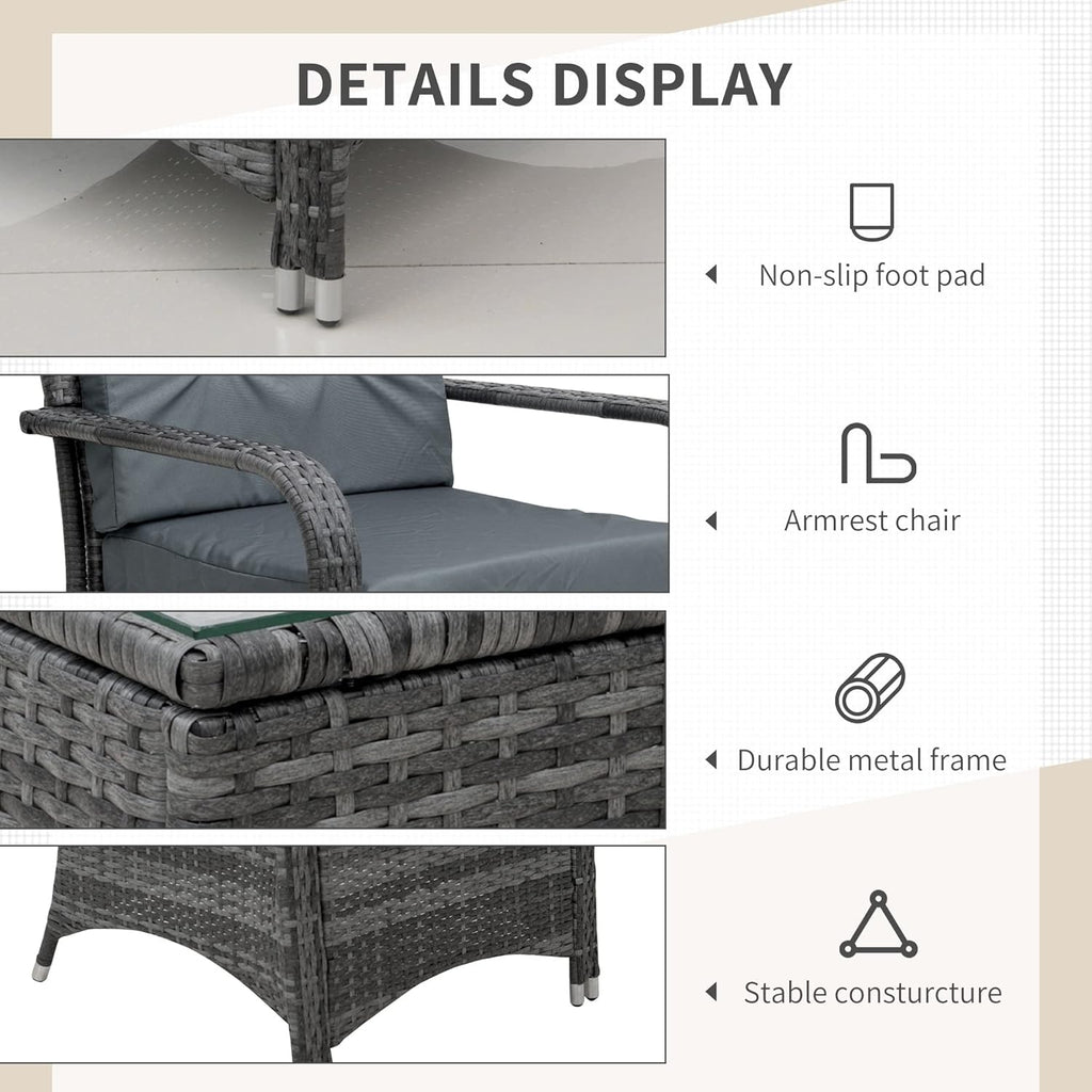 3-Piece Rattan Bistro Set with Protective Furniture Cover – Outdoor Wicker Patio Chairs, Glass-Top Coffee Table & Cushioned Seating, Grey
