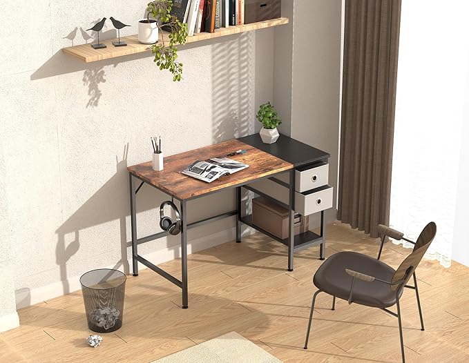 Modern Computer Desk with Drawer, Storage Shelves & Headphone Hook – Home Office Writing Desk and Laptop Workstation for Students and Professionals
