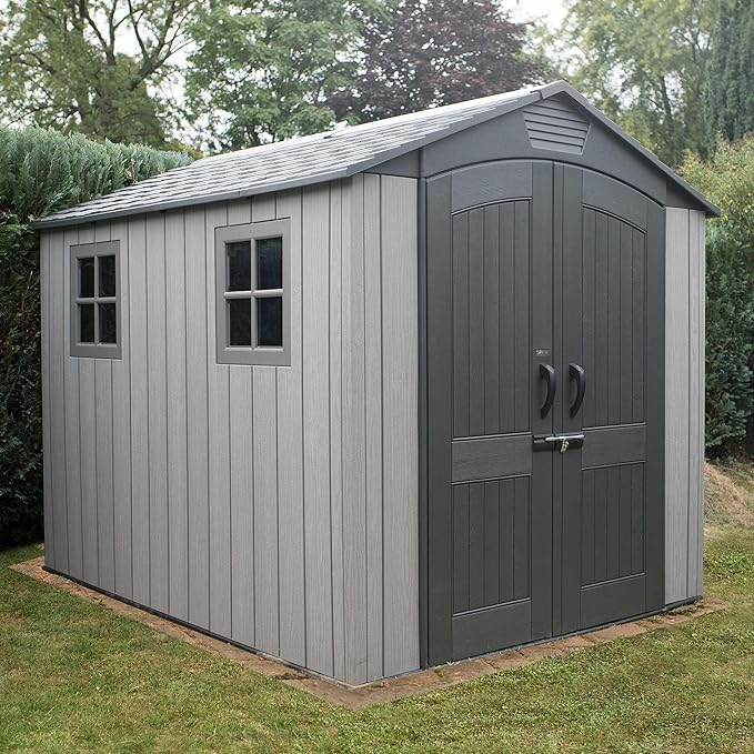 7 x 9.5 ft Outdoor Garden Storage Shed – High-Density Polyethylene Construction with Steel-Reinforced Apex Roof, Tan Finish