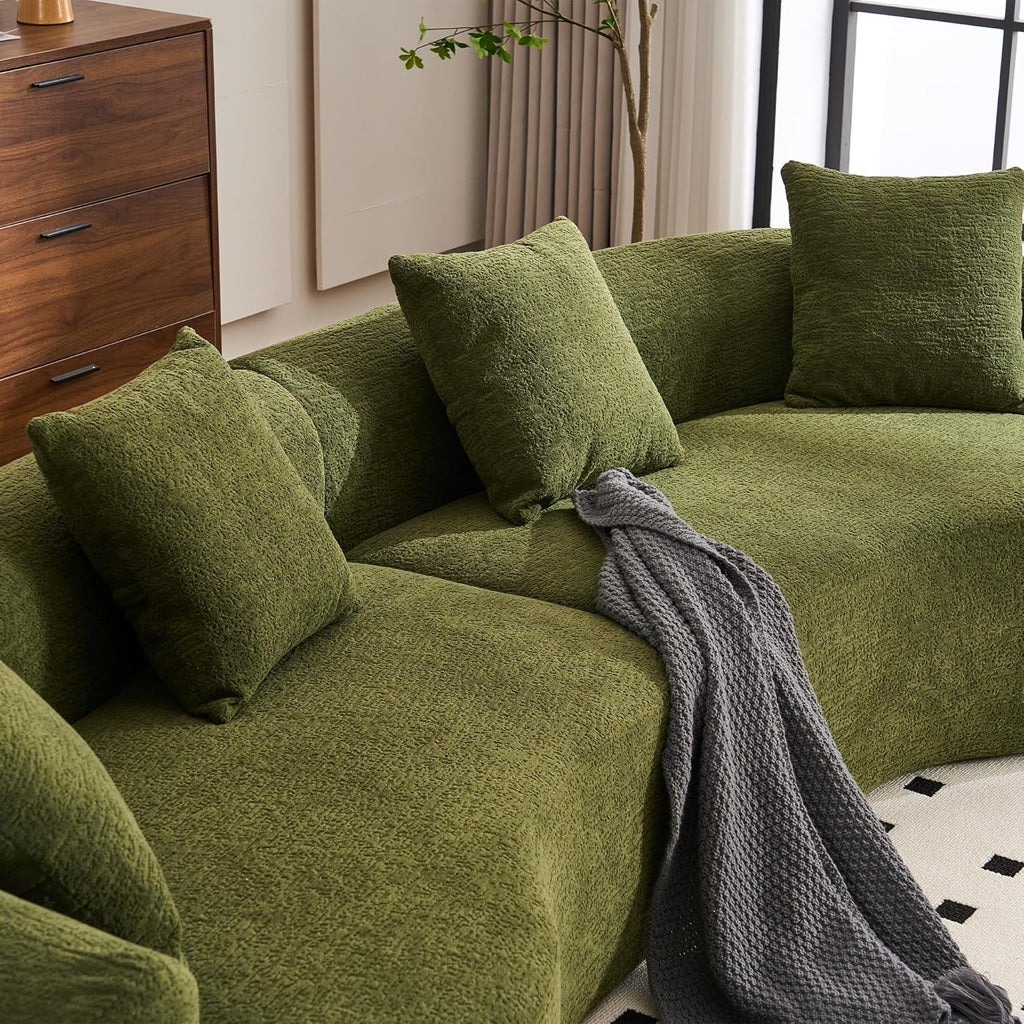 Modern Curved Loveseat Sofa Set – Minimalist Chenille Floor Couch with Foam-Filled Chaise, Green Upholstery