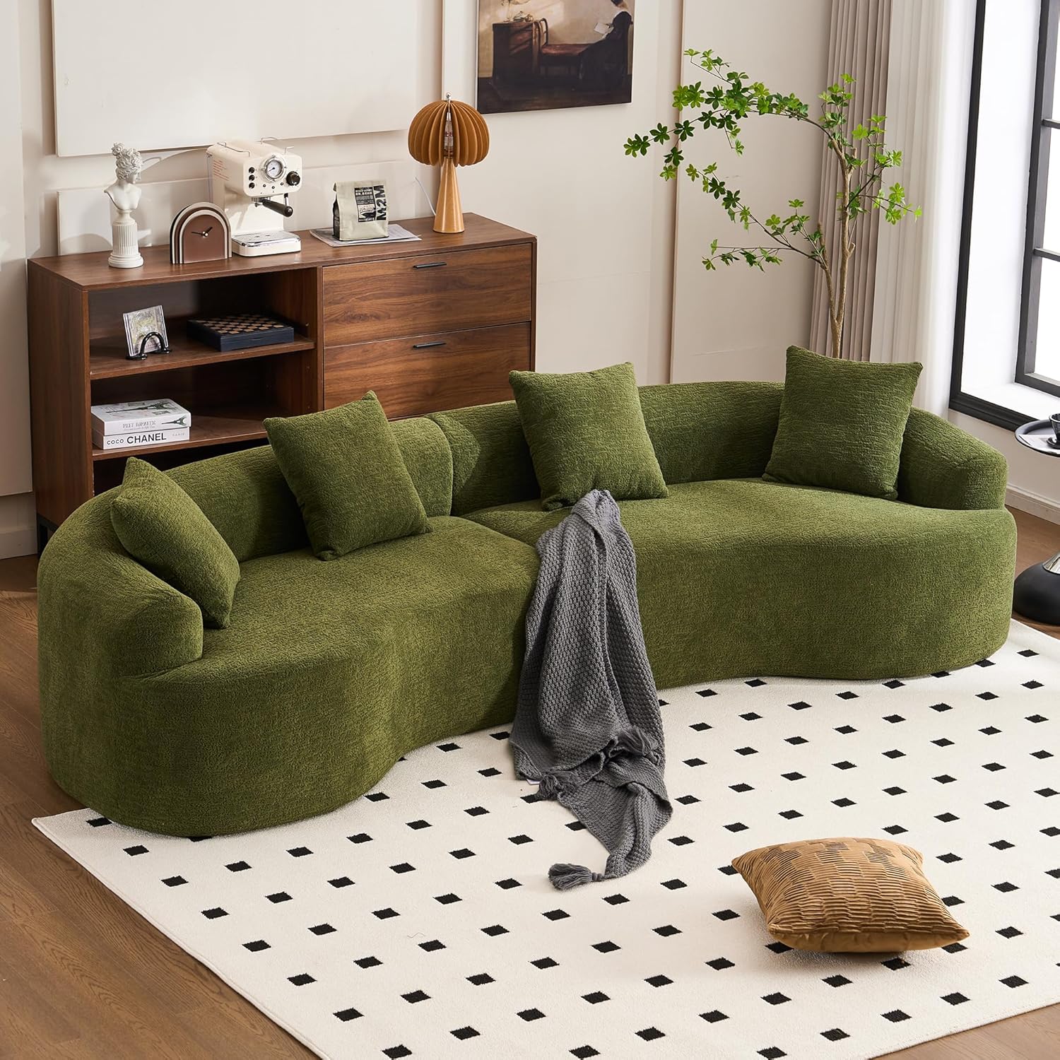 Modern Curved Loveseat Sofa Set – Minimalist Chenille Floor Couch with Foam-Filled Chaise, Green Upholstery