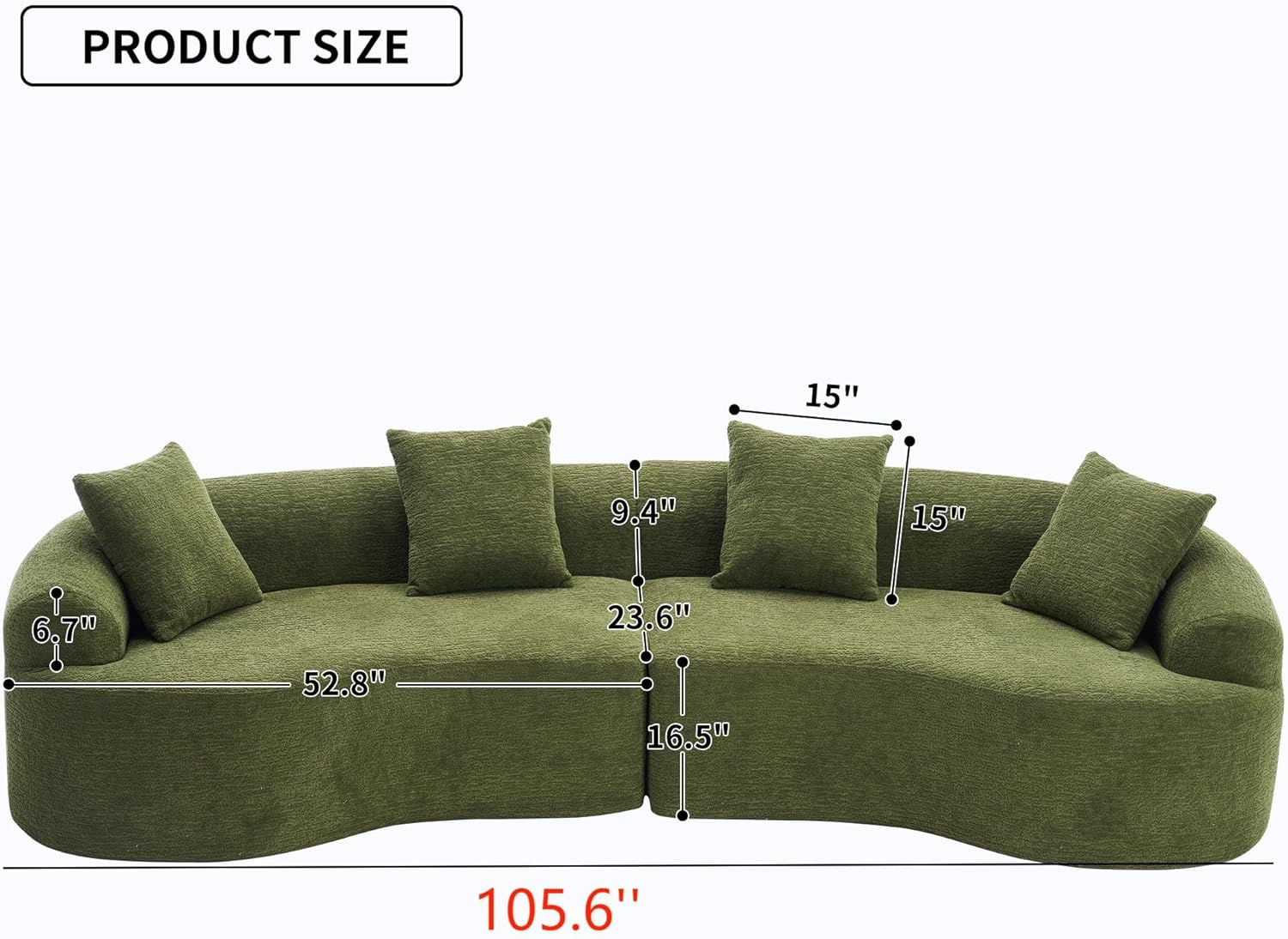 Modern Curved Loveseat Sofa Set – Minimalist Chenille Floor Couch with Foam-Filled Chaise, Green Upholstery