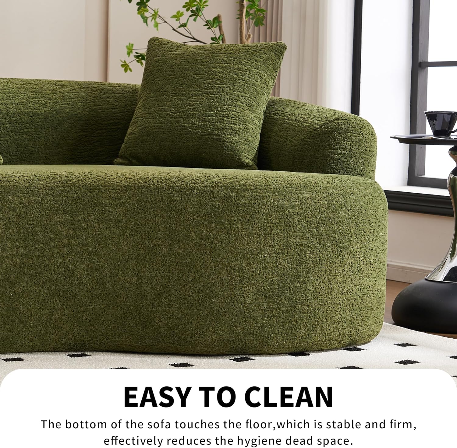 Modern Curved Loveseat Sofa Set – Minimalist Chenille Floor Couch with Foam-Filled Chaise, Green Upholstery