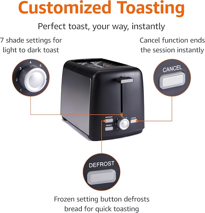 2-Slice Toaster with 7 Browning Levels – Extra-Wide Slots, Removable Crumb Tray, 800W, Black Finish