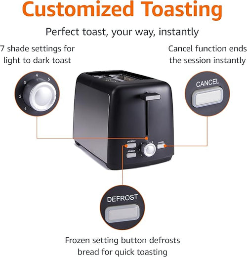 2-Slice Toaster with 7 Browning Levels – Extra-Wide Slots, Removable Crumb Tray, 800W, Black Finish