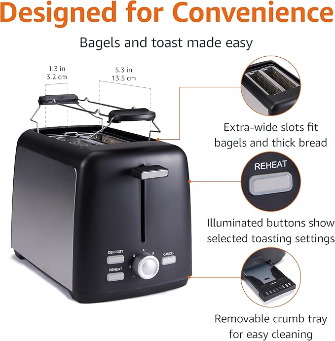 2-Slice Toaster with 7 Browning Levels – Extra-Wide Slots, Removable Crumb Tray, 800W, Black Finish