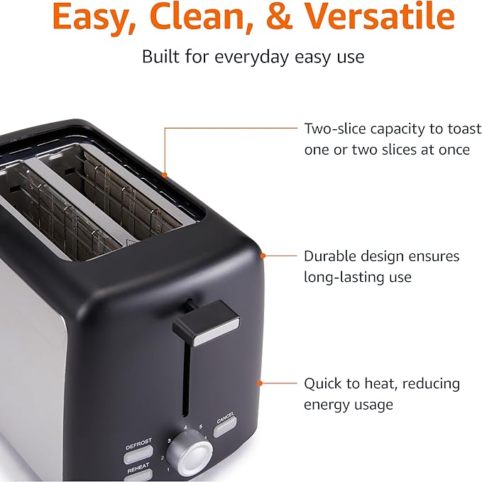 2-Slice Toaster with 7 Browning Levels – Extra-Wide Slots, Removable Crumb Tray, 800W, Black Finish