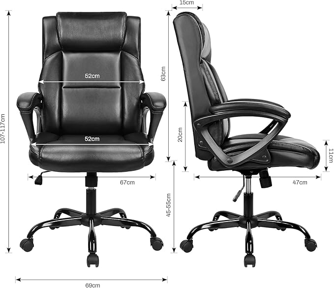 High-Back Executive Office Chair – Ergonomic PU Leather Desk Chair with Padded Cushion, Height Adjustable, Soft Armrests & Heavy-Duty Support, Black