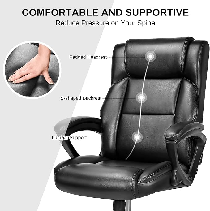 High-Back Executive Office Chair – Ergonomic PU Leather Desk Chair with Padded Cushion, Height Adjustable, Soft Armrests & Heavy-Duty Support, Black