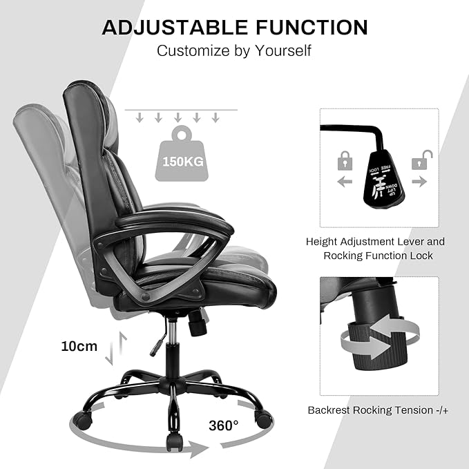 High-Back Executive Office Chair – Ergonomic PU Leather Desk Chair with Padded Cushion, Height Adjustable, Soft Armrests & Heavy-Duty Support, Black