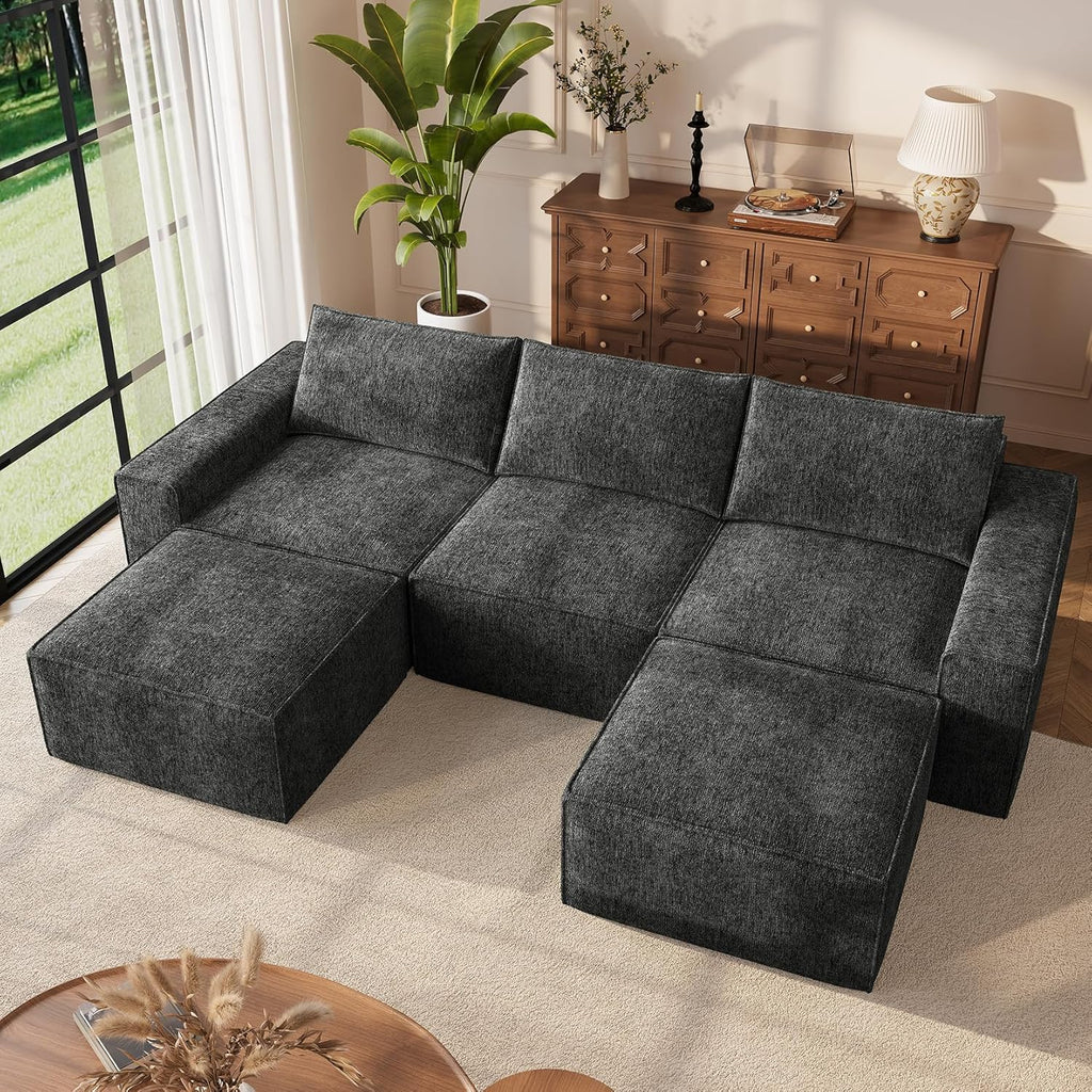 Modern U-Shaped Modular Cloud Sofa – 5 Seater Deep Seat Chenille Couch with 2 Ottomans, No Assembly Required, Dark Grey