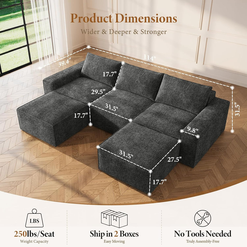 Modern U-Shaped Modular Cloud Sofa – 5 Seater Deep Seat Chenille Couch with 2 Ottomans, No Assembly Required, Dark Grey