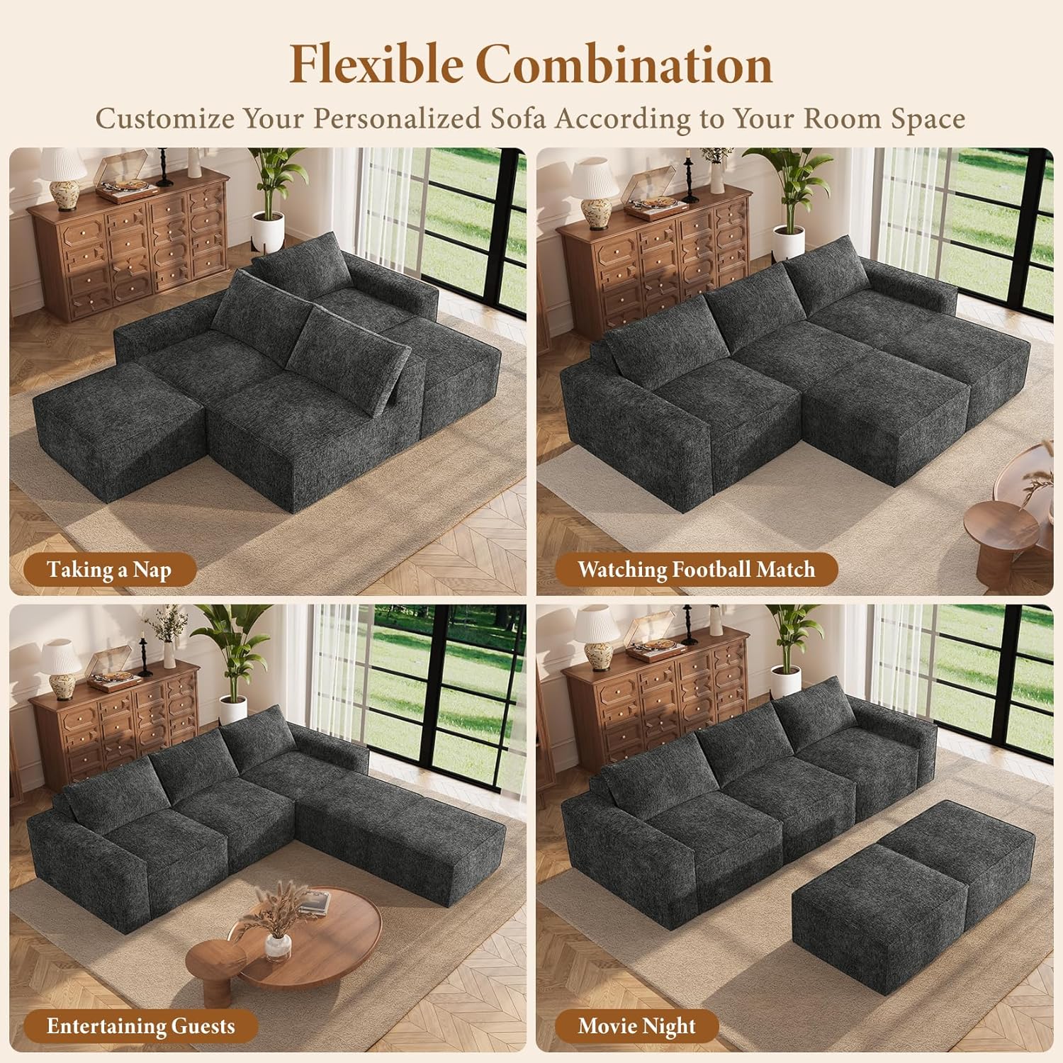 Modern U-Shaped Modular Cloud Sofa – 5 Seater Deep Seat Chenille Couch with 2 Ottomans, No Assembly Required, Dark Grey