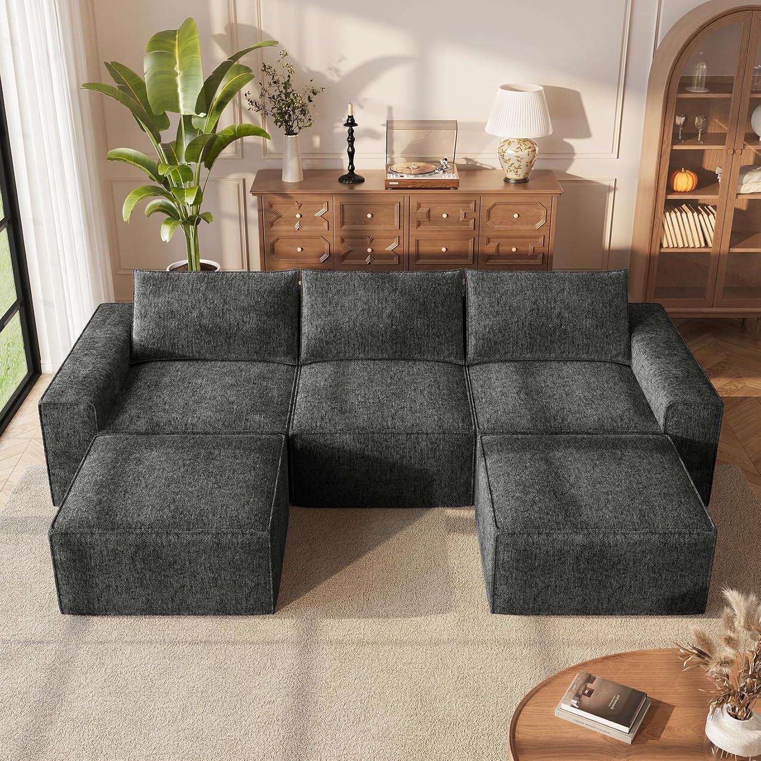 Modern U-Shaped Modular Cloud Sofa – 5 Seater Deep Seat Chenille Couch with 2 Ottomans, No Assembly Required, Dark Grey