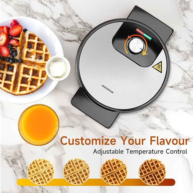 Round Waffle Maker with Adjustable Temperature Control – Non-Stick Deep Fill Belgian & American Waffle Iron, Cool-Touch Handle, 1000W Stainless Steel Design