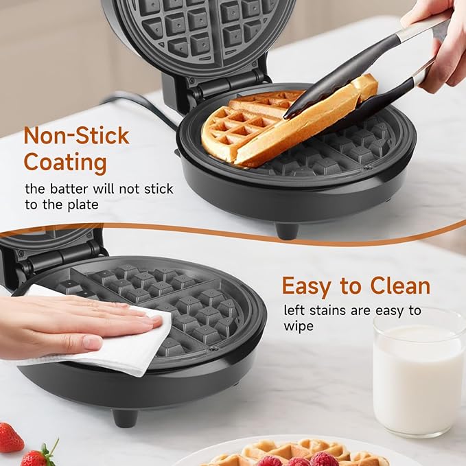 Round Waffle Maker with Adjustable Temperature Control – Non-Stick Deep Fill Belgian & American Waffle Iron, Cool-Touch Handle, 1000W Stainless Steel Design