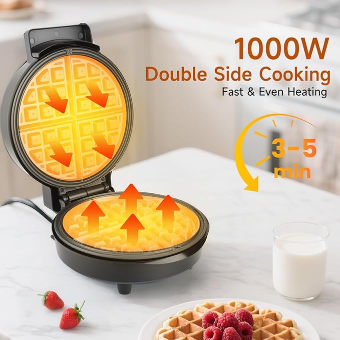 Round Waffle Maker with Adjustable Temperature Control – Non-Stick Deep Fill Belgian & American Waffle Iron, Cool-Touch Handle, 1000W Stainless Steel Design